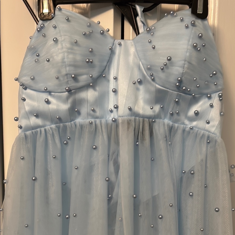 Maternity Photos Light Blue Strapless Dress with Pearl Embellishments Corset tie